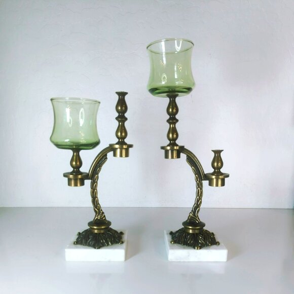 Vintage Hollywood Regency Brass Marble Green Glass Votive Candle Holders Pair